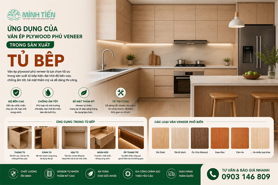 Ứng dụng của ván ép plywood phủ Veneer để làm tủ bếp